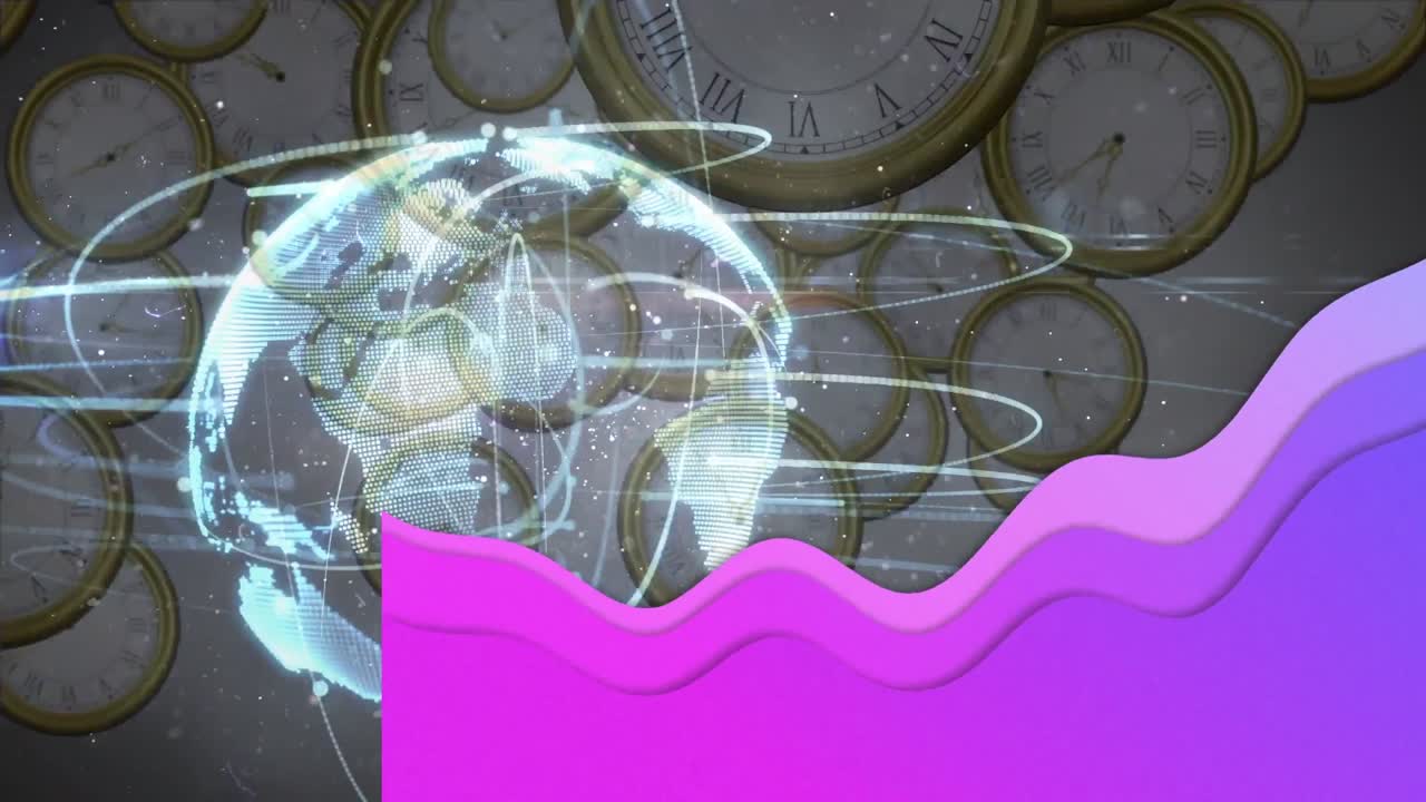 Animation of global network with pink waves over falling clocks
