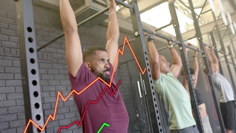 animation of graph processing data over diverse group doing pull ups cross training at gym