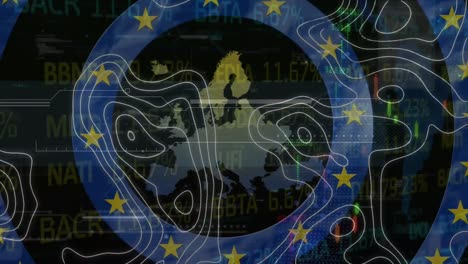 Animation-of-circles-with-eu-flag-over-europe-and-data-processing