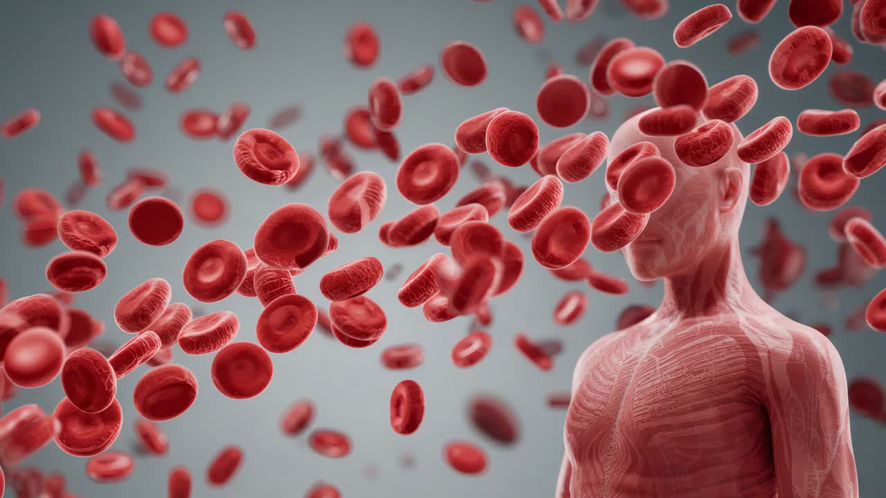 Play starting, red blood cells streaming across frame past medical model for teaching, copy space