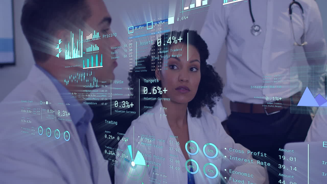 animación de diagramas y procesamiento de datos sobre diversos médicos discutiendo el trabajo