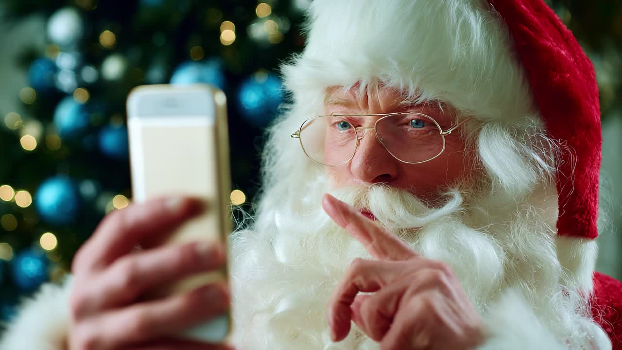 A Magical Santa Claus Engages with His Smartphone, Captivated by Holiday Spirit, In a Warm, Festive Setting Surrounded by Glimmering Christmas Decorations and Cheerful Atmosphere