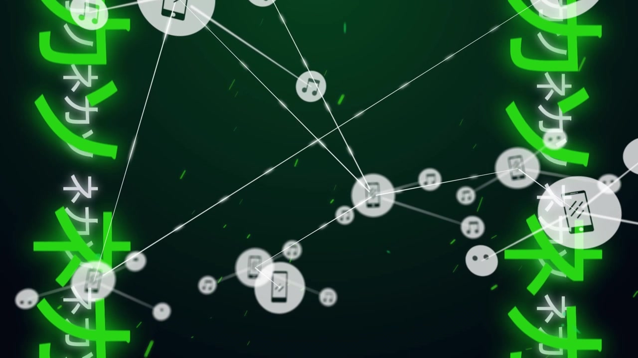 Animation of network of connections with icons over japanese characters