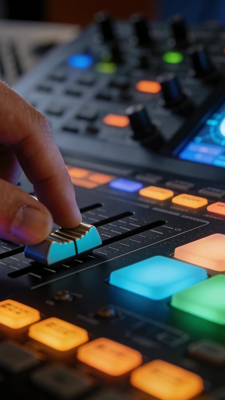 Video verticale: Mano del DJ che tocca il cappuccio del fader, lo fa scorrere per un mix in studio, pad illuminati, spazio per il testo.