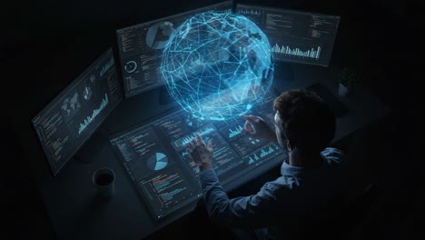a tech-savvy individual manipulates a 3d digital globe surrounded by multiple monitors showcasing analytical data and visualizations in a dimly lit workspace