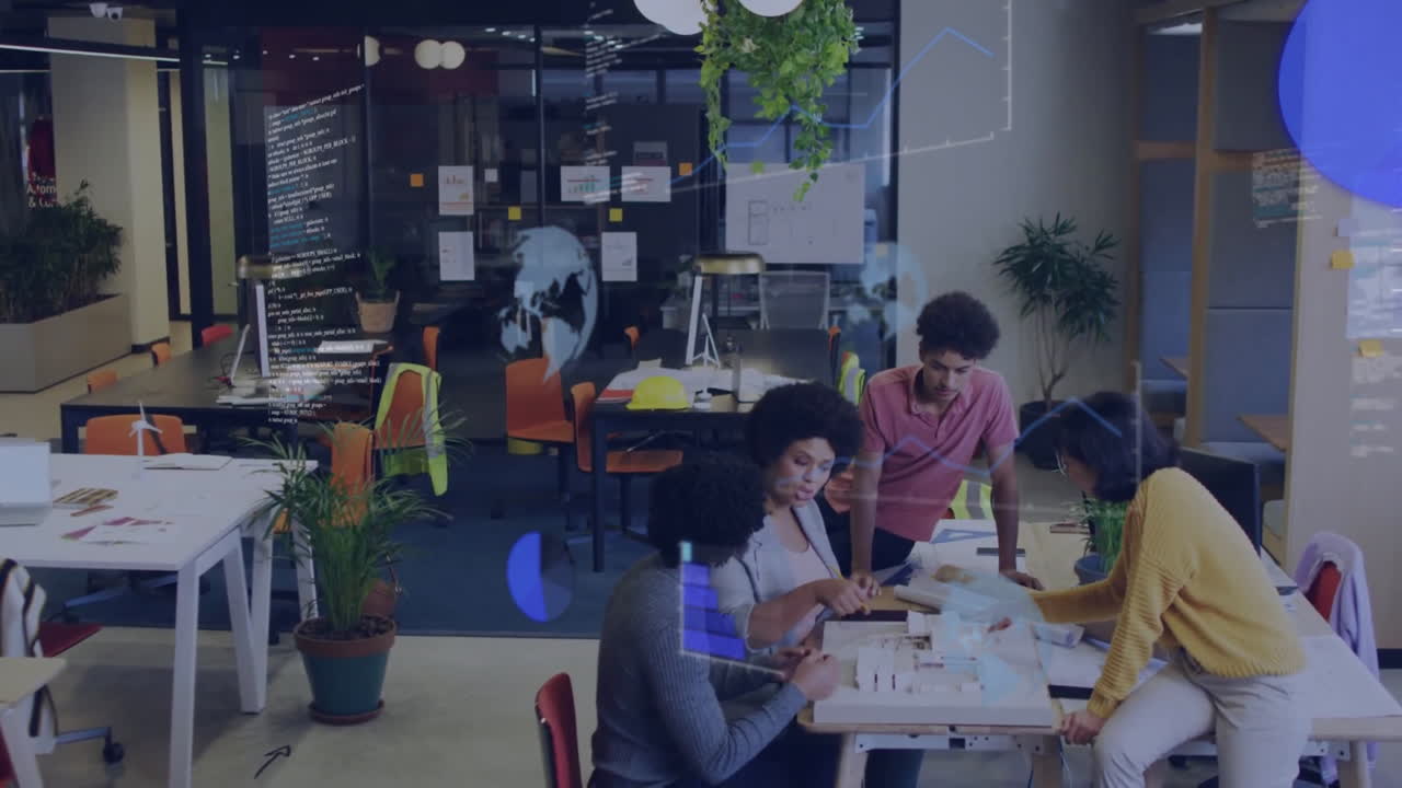 animación de gráficos, globos, lenguaje informático, diversos arquitectos discutiendo modelos 3d de edificios