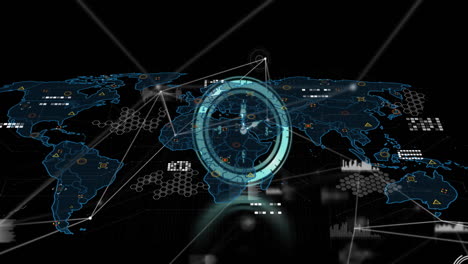 animación del reloj de neón sobre la red de conexión y procesamiento de datos contra el mapa del mundo
