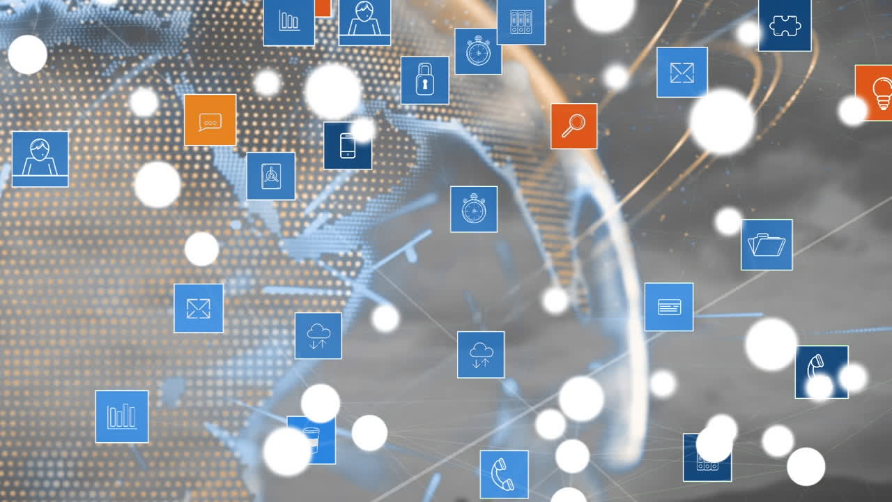 Animazione di rete di connessioni su globo e paesaggio urbano