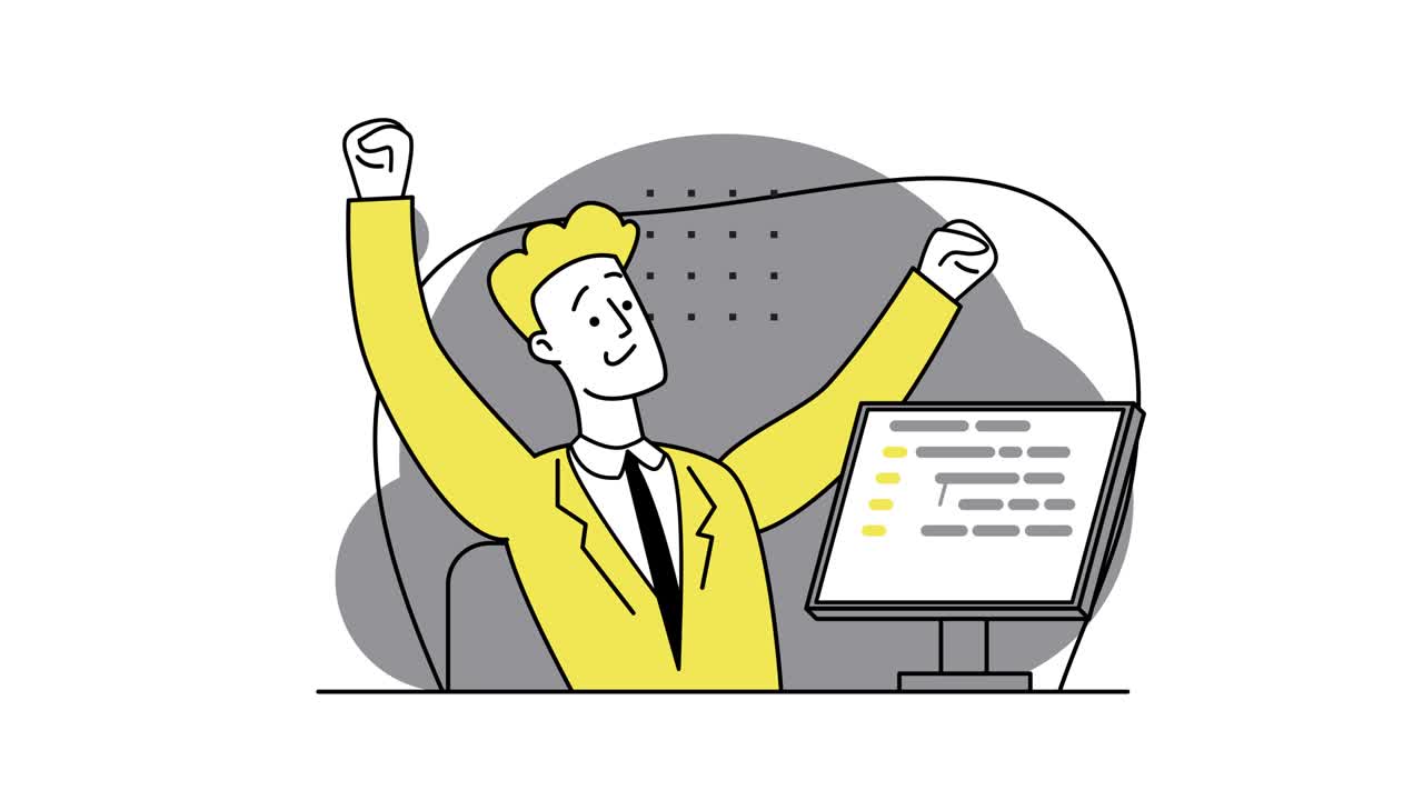 The guy-programmer waves his hands to the sides. The joy of successful work. Remote work. A programmer is working on the next big thing. Coding on-screen PC, HTML coding, web development, developer.