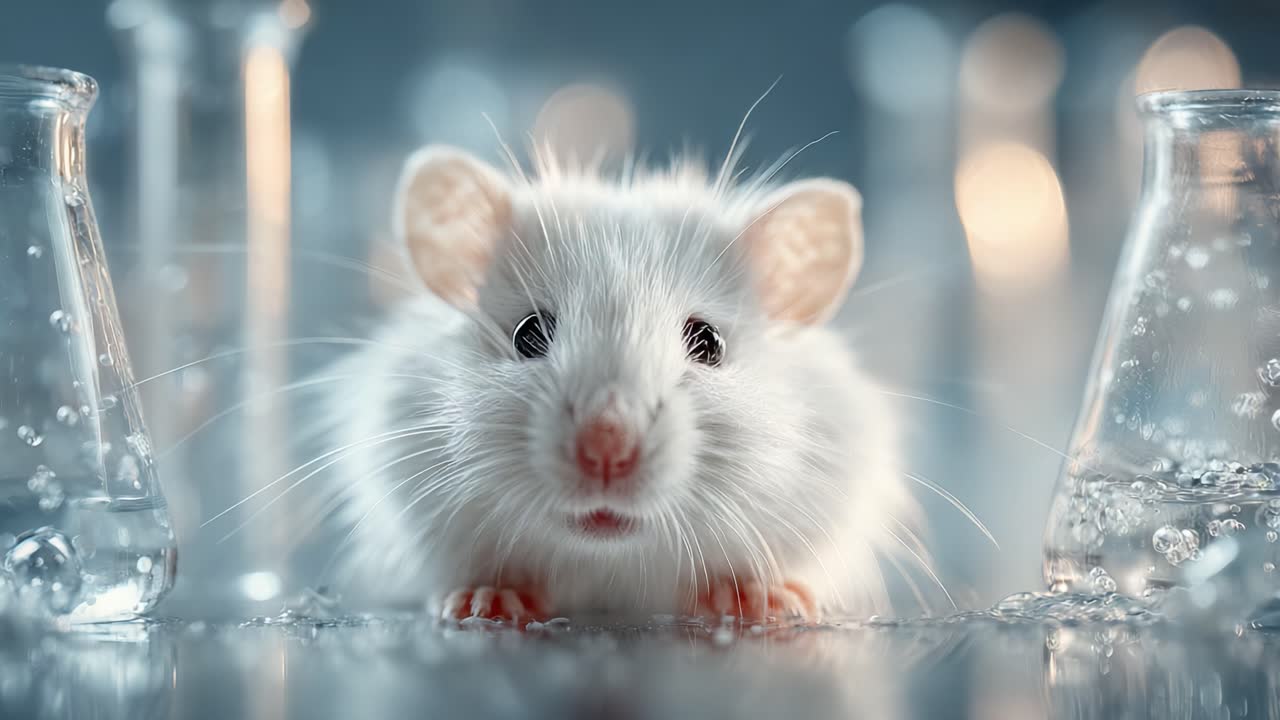 Primo piano di un topo da laboratorio bianco circondato da provette, che mostra la sua curiosità e le sue adorabili caratteristiche in un ambiente scientifico