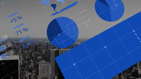 animation of cityscape with blueprint graphics, world map, and data charts overlays