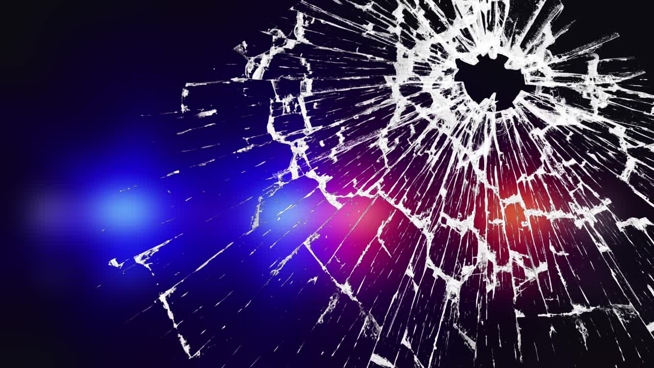 Cracked glass with flashing red and blue emergency lights. Shattered glass with pulsating red and blue emergency lights. For crime, emergency, danger, security concepts