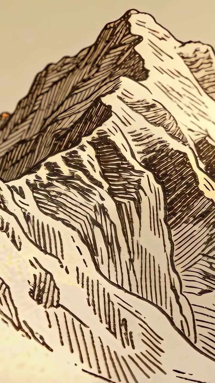 Video verticale: Telecamera che si muove verso l'alto su una montagna disegnata a penna e inchiostro su un tavolo beige, rivelando una lamina d'oro.