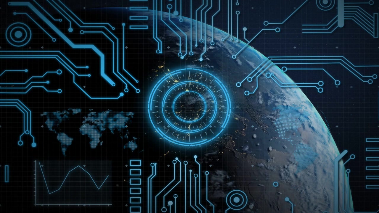 Pulsing HUD near limb initiating orbital scan, planet hemisphere showing neon circuits animating
