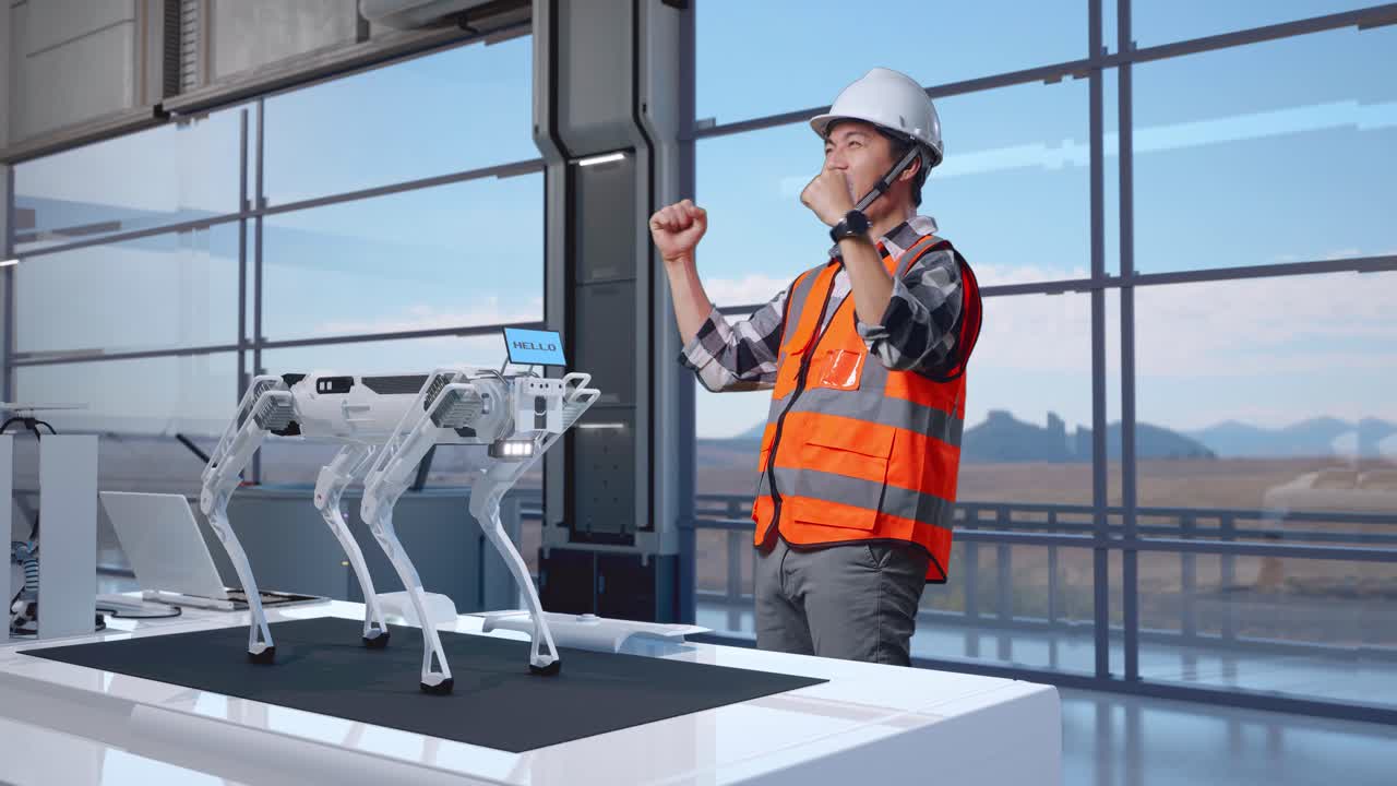 vista lateral completa del cuerpo de un ingeniero masculino asiático con casco de seguridad de pie y gritando meta celebrando trabajando en una fábrica de alta tecnología, analizando el concepto de máquina robótica