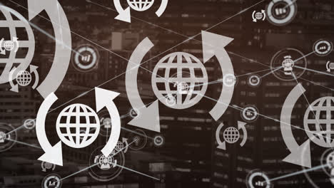 animation of network of connections with icons over cityscape