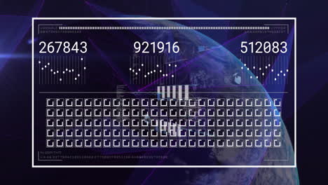 animación del procesamiento de datos en la interfaz sobre el globo en el cielo nocturno
