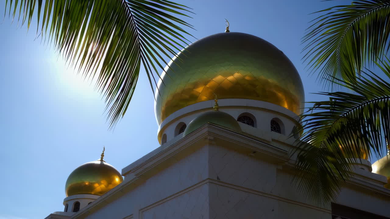 Golden Domes of a Mosque with Palm Trees