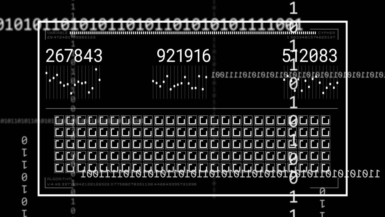 Binary code and numerical data processing animation over digital interface