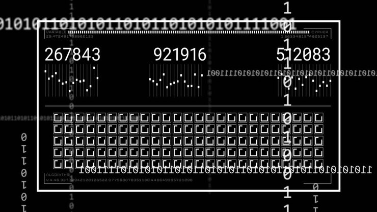 Binary code and numerical data processing animation over digital interface