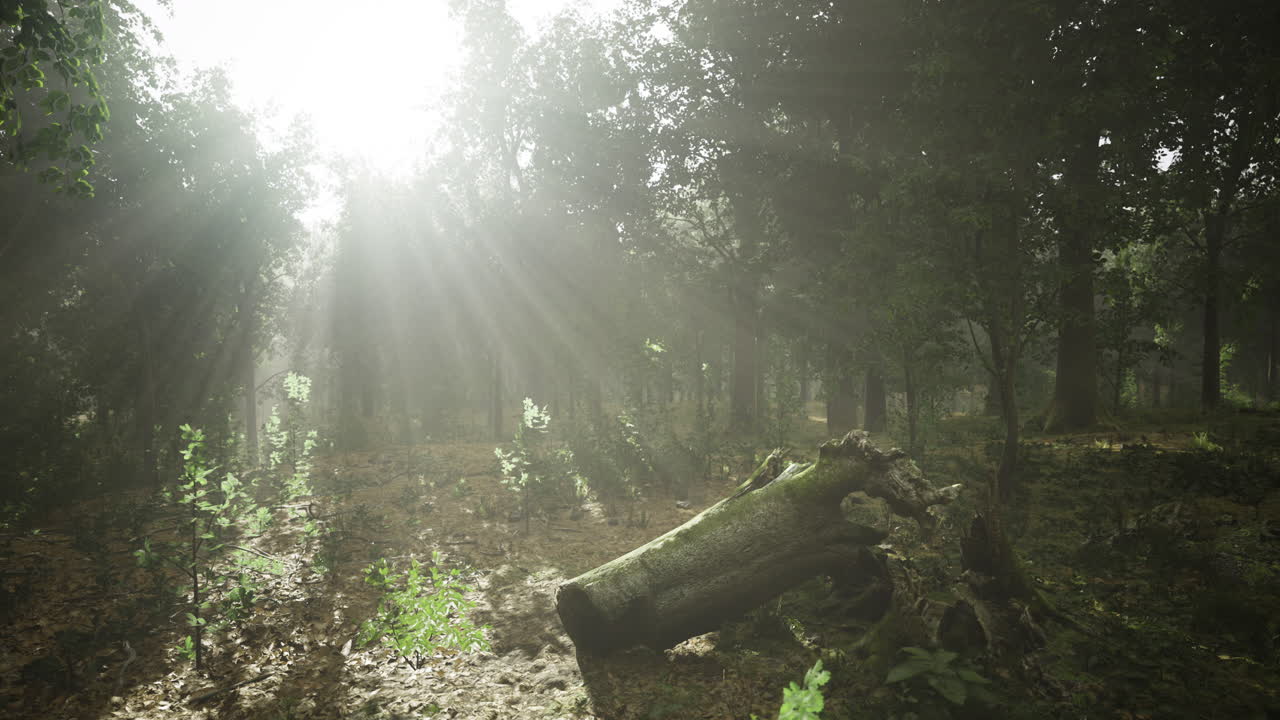Mysterious forest with sunlight streaming through lush trees at dawn