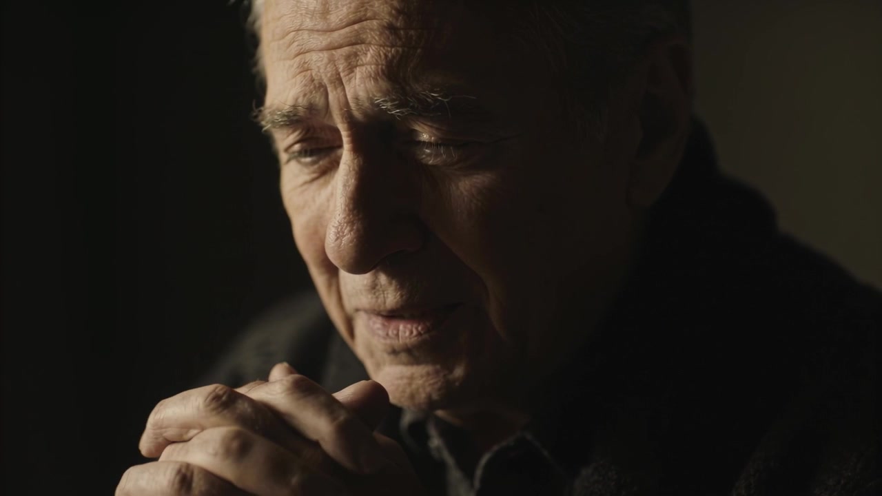 Resting senior man adjusting fingers over clasped hands in dimly lit room, collecting thoughts