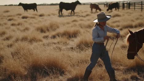 young cowgirl on the ranch at sunset