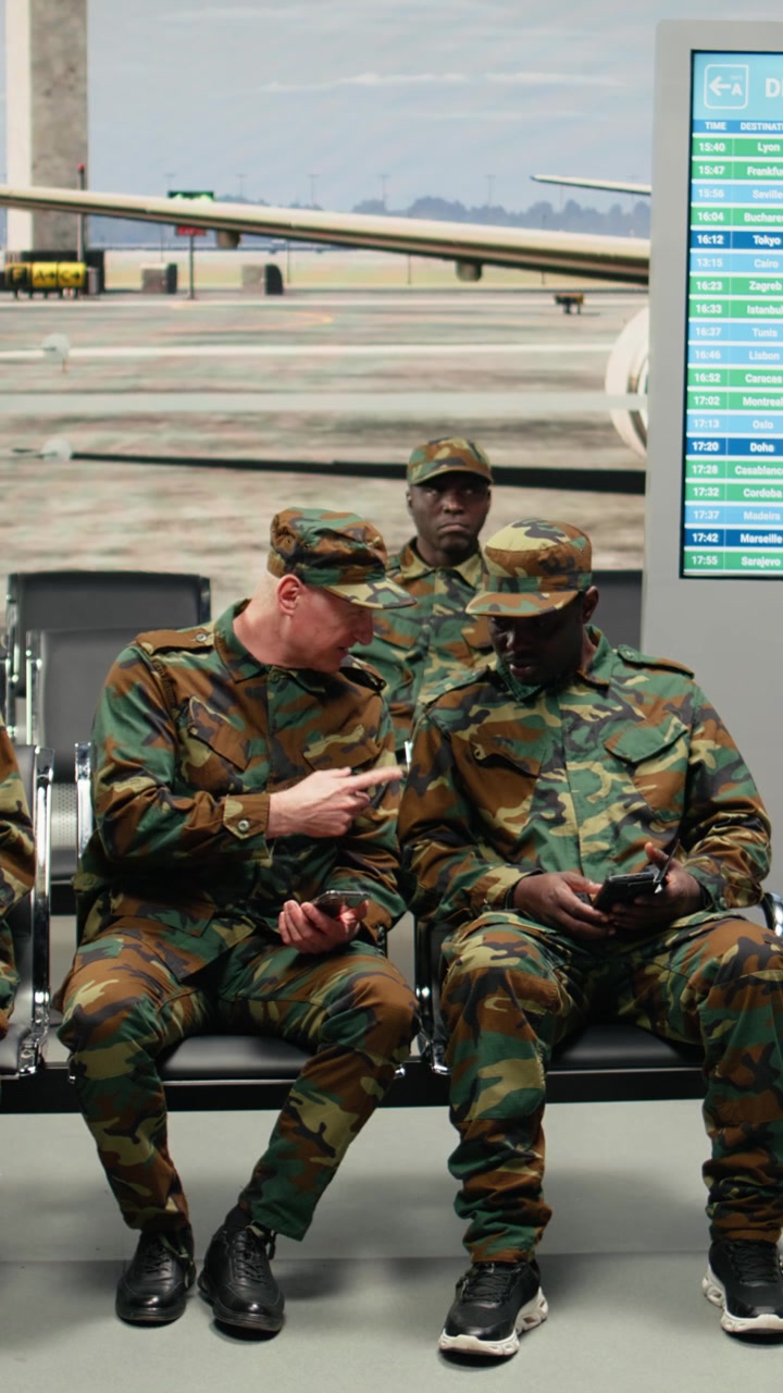 Video verticale. Squadra militare annoiata che si rilassa nella sala d'attesa dell'aeroporto, in attesa dell'aereo.