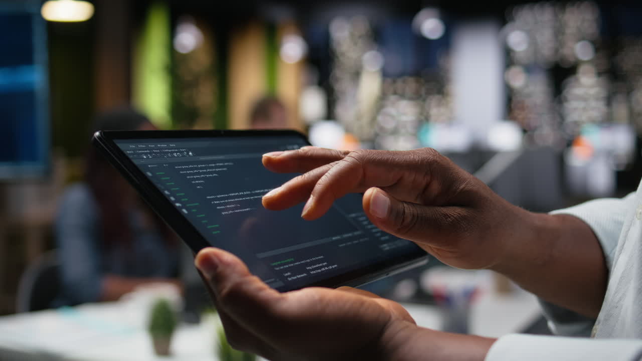 Close-up of Hands Scrolling Code on a Digital Tablet in an Office