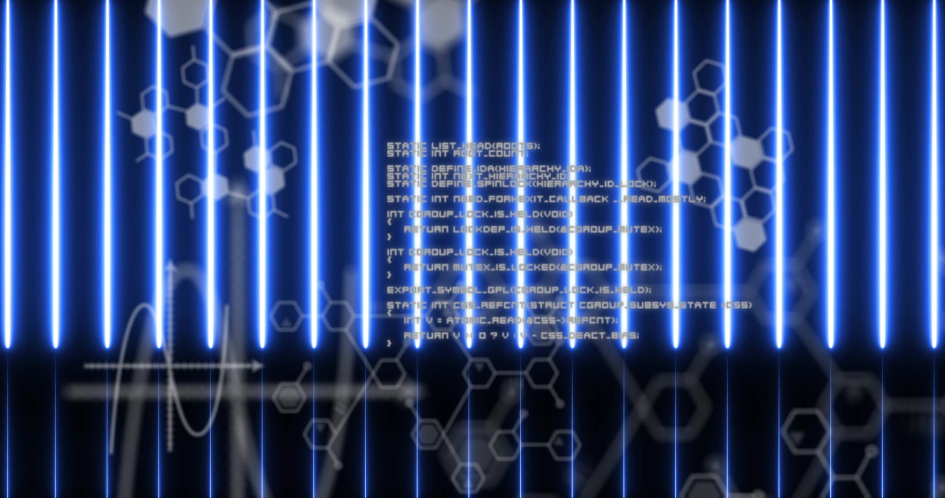 On start vertical neon-blue bars pulsing and shifting, scanning to reveal hidden code and diagrams