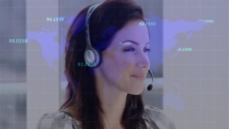 Animation-of-statistics-and-data-processing-over-woman-using-phone-headset