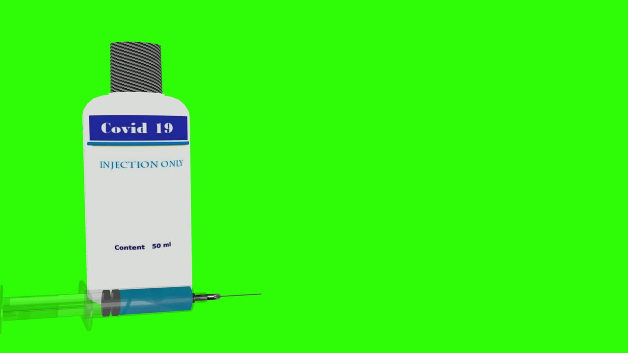 녹색 스크린 코로나19 백신의 라벨과 주사