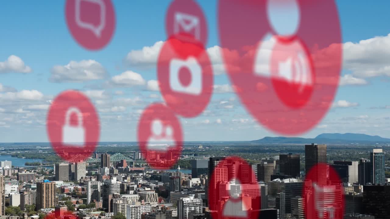 푸른 하늘을 배경으로 도시 풍경의 공중 시야에서 여러 디지털 아이콘의 애니메이션