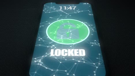 high quality animated 3d cgi render with tilting camera move - extreme close up of mobile phone being unlocked and hacked, with digital and binary code flowing out and a skull and crossbones motif