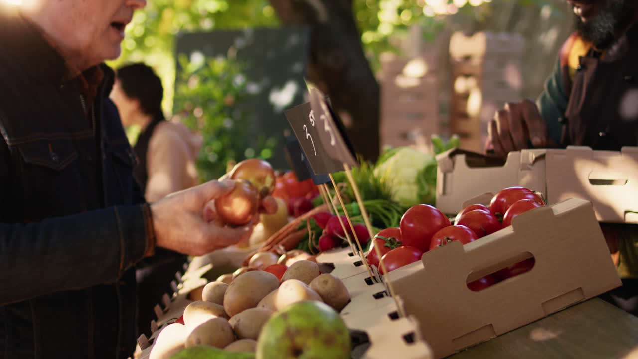 Customers buying fresh produce at the farmers market