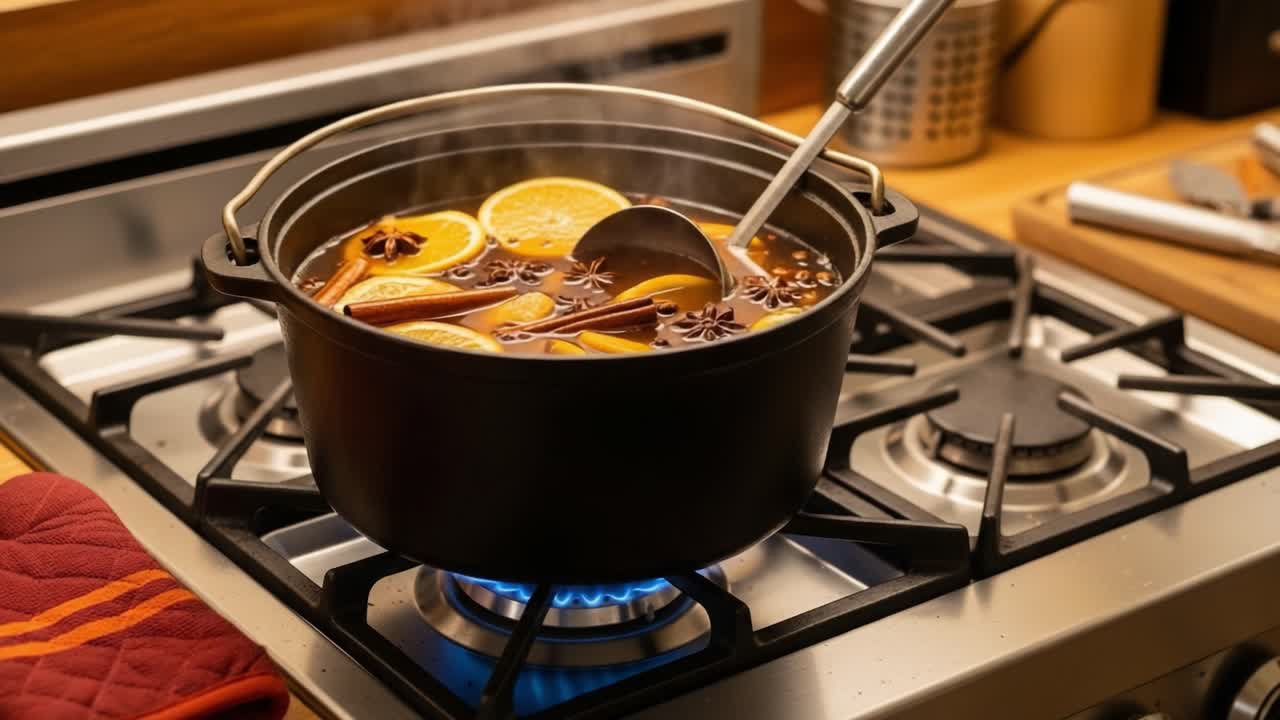 A warm pot of spiced beverage simmering on the stove, filled with aromatic citrus slices, star anise, and a rich blend of ingredients for a cozy gathering