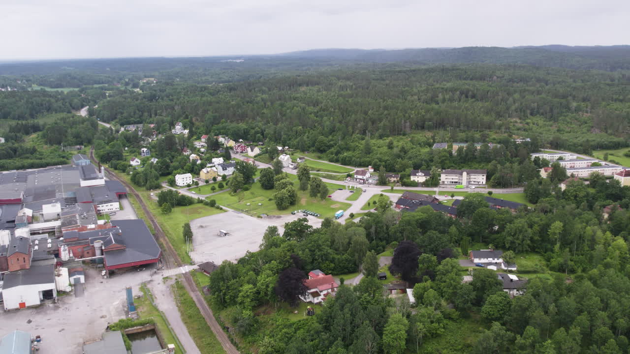 Aerial Reveal of Hafrestroms Foretagspark, Industry in Asensbruk, Dalsland, Sweden