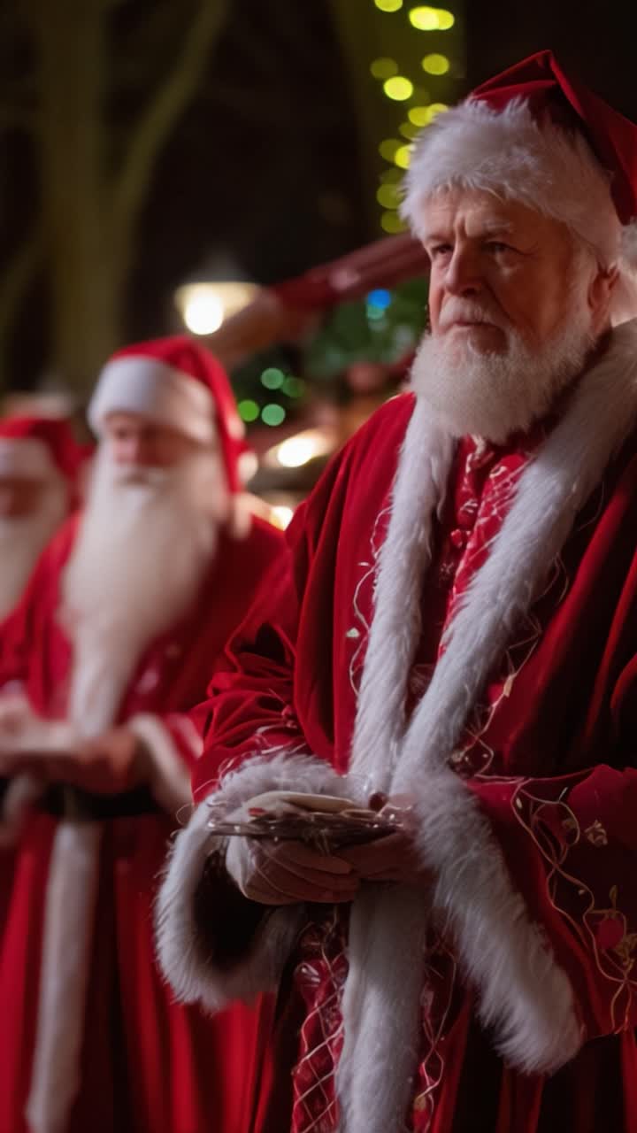 Un raduno di Babbo Natale: Spirito natalizio e atmosfera gioiosa a una celebrazione invernale festiva con più Babbo Natale vestiti con costumi tradizionali