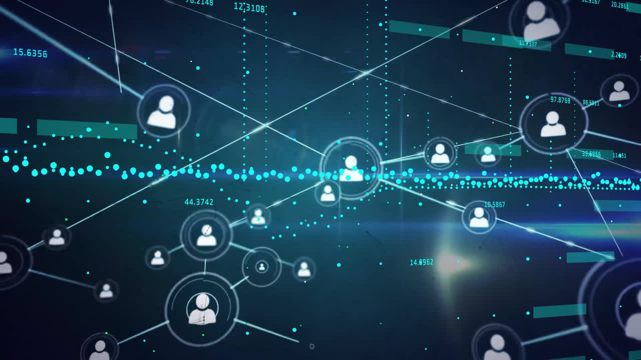 Animation of network of connections with people icons on dark background
