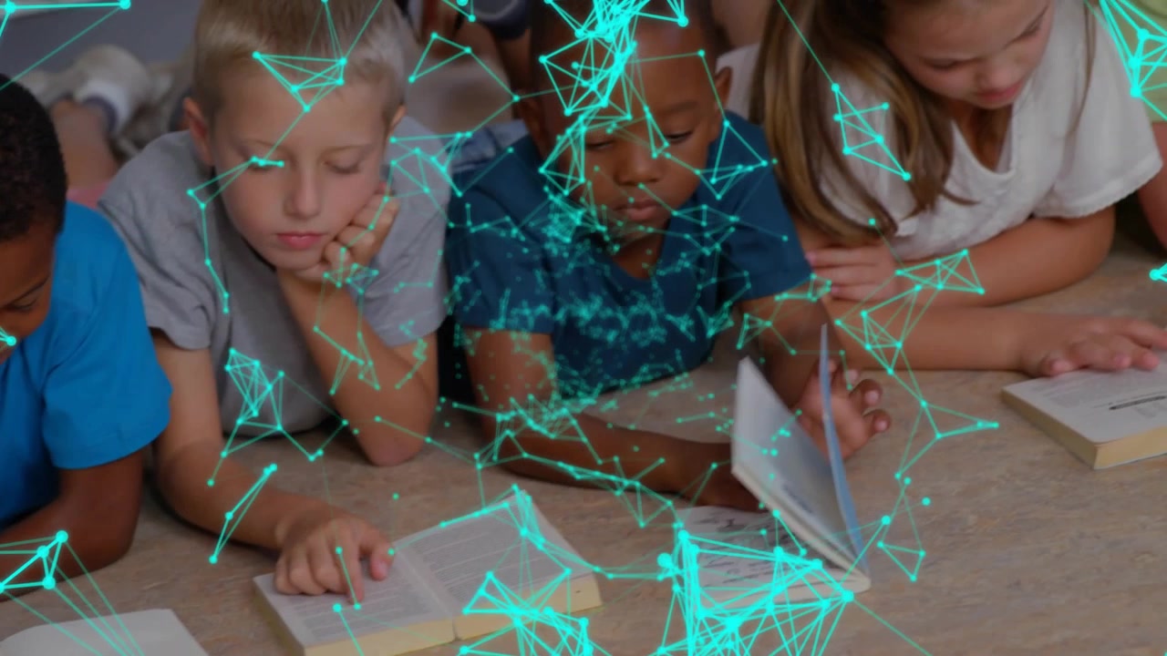 Teacher kneeling guiding children reading on floor as network pulses boosting learning