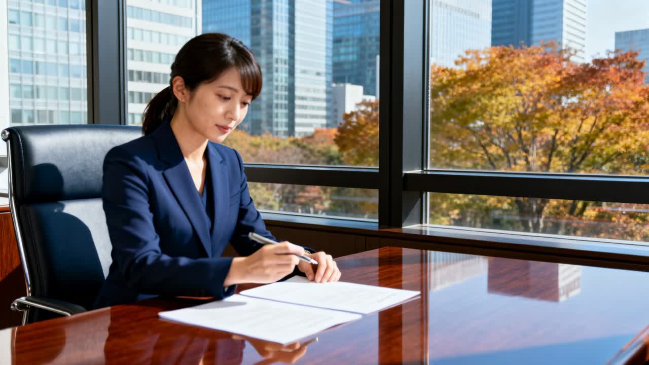 紺色のブレザーを着た女性がデスクで書類をレビューしながらページを書き調整し、ペンで契約書に署名している。