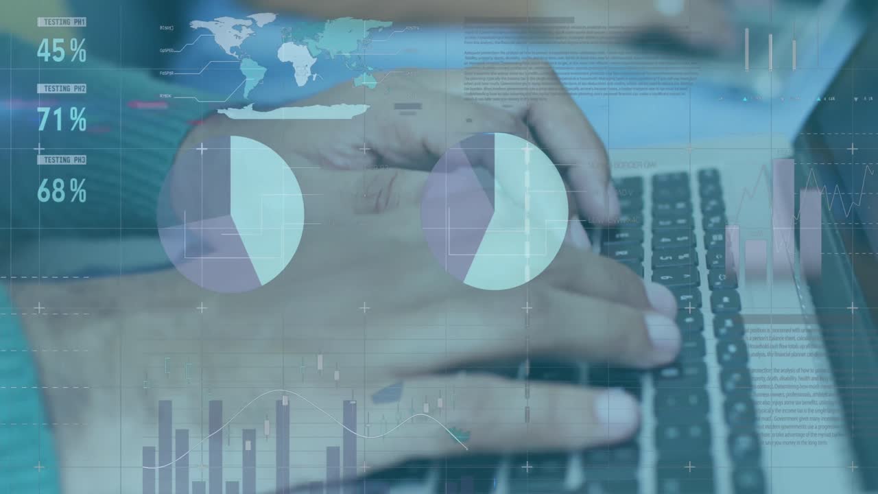 animación de procesamiento de datos estadísticos contra la sección media de un hombre usando una computadora portátil en la oficina