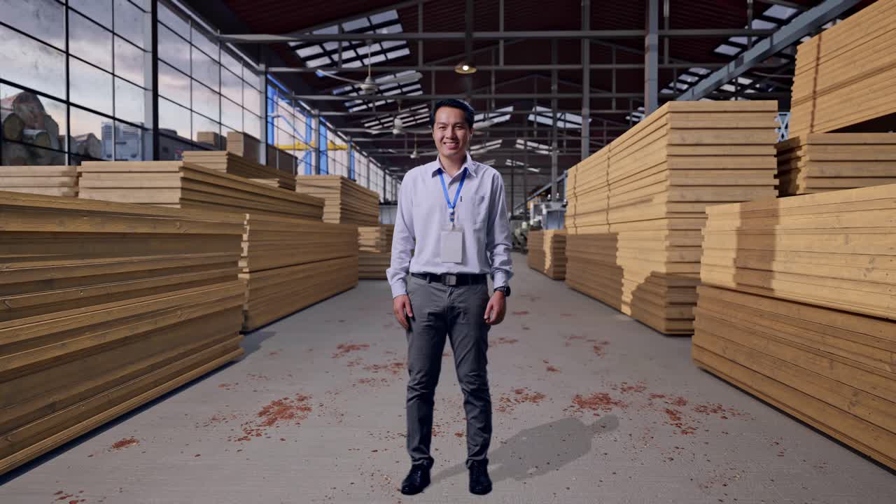 Corpo intero di un lavoratore asiatico professionista in piedi, lavoratore che ispeziona un magazzino di legname, guarda la camera e sorride