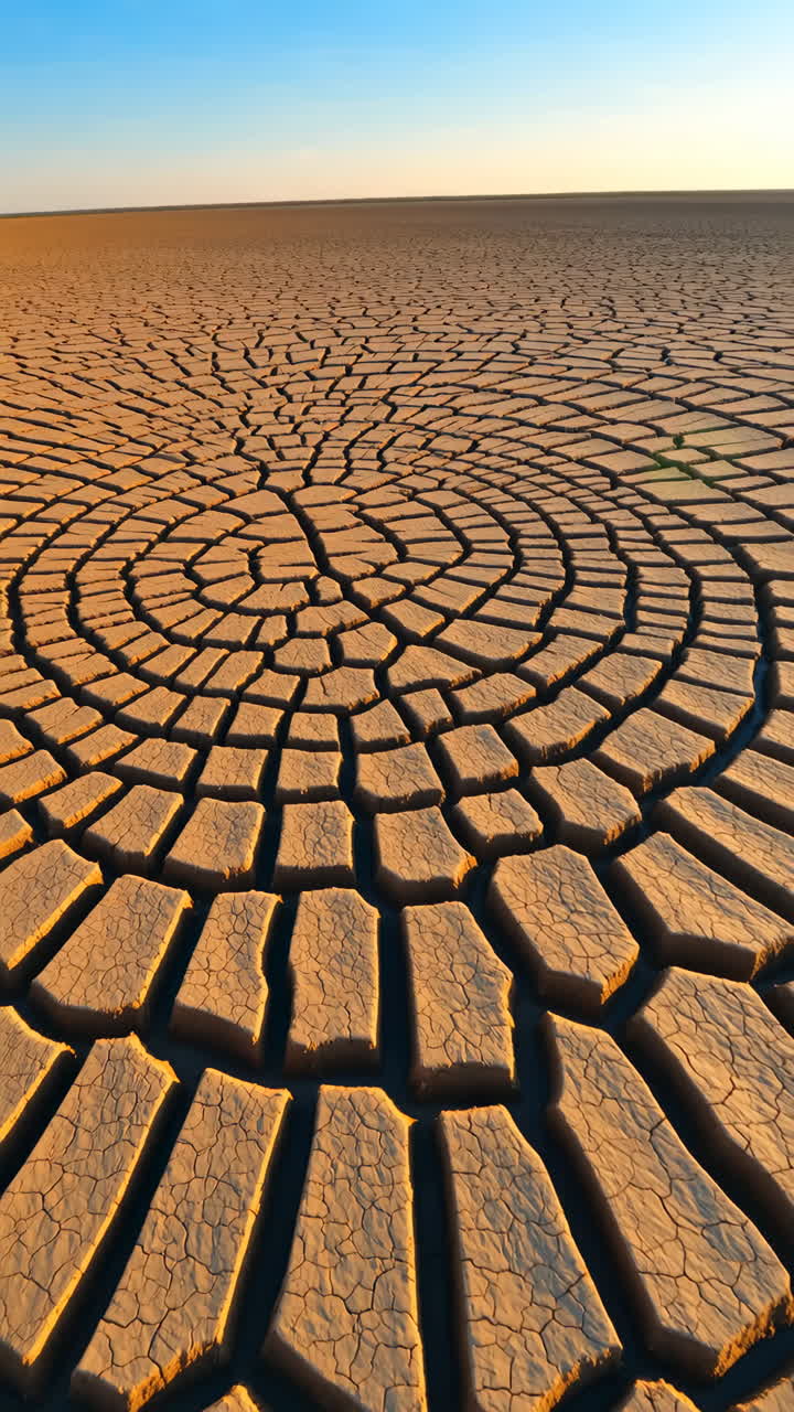 Cracked Earth Landscape with Circular Patterns at Golden Hour