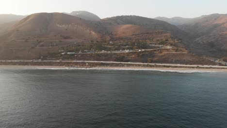 Aerial-zoom-into-the-famous-Malibu-RV-Resort-in-Malibu,-California