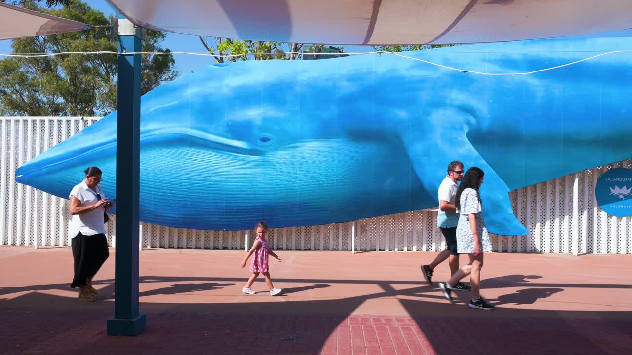 Visitors pass by a giant blue whale image at Oceanografic, Europe's largest oceanographic park in Valencia, home to over 500 marine species like dolphins, belugas, and sharks in Spain.