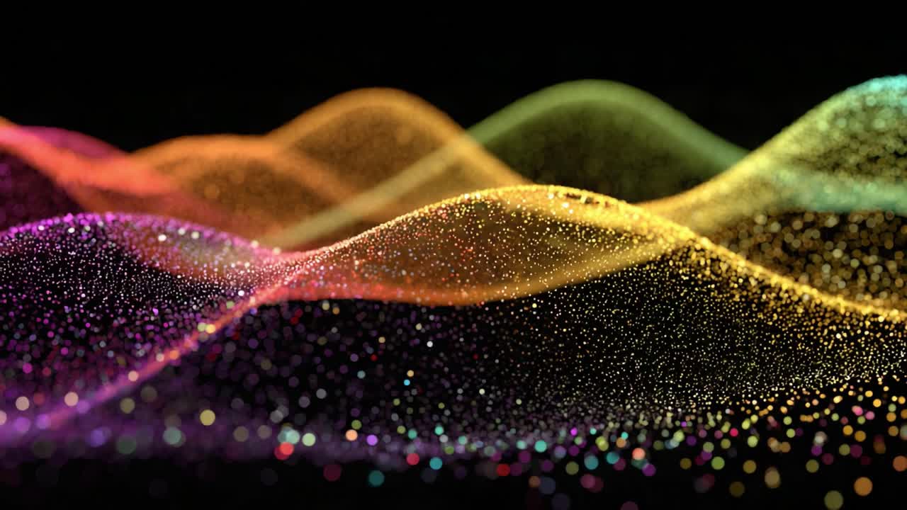 Levende partikelbølger: En fantastisk fremvisning af farverige mønstre og teksturer i bevægelse, der indfanger skønheden i dynamisk fluiddynamik og visuel elegance