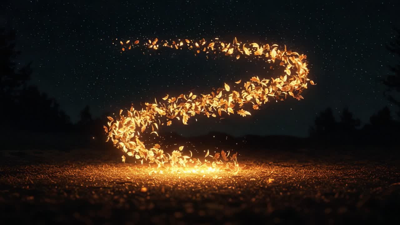 A mesmerizing display of swirling golden leaves illuminating the dark night sky, creating a magical swirling pattern, embodying the beauty of nature and light