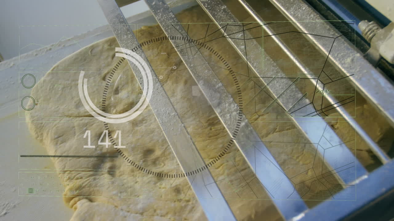 animación de círculos de carga, números y globo en círculos, vista aérea de la máquina de fabricación de masa