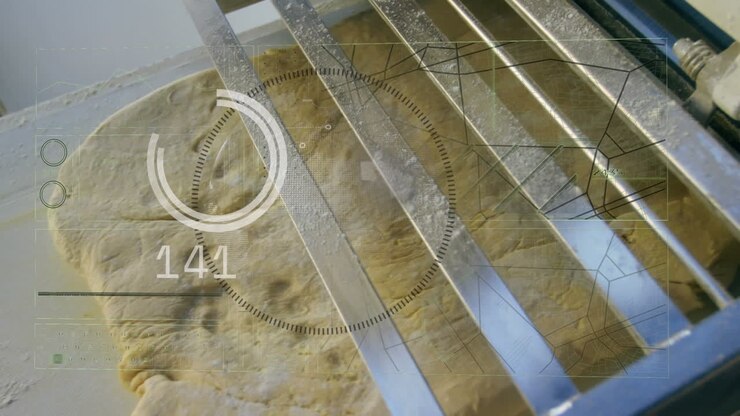 Animation of loading circles, numbers and globe in circles, overhead view of dough making machine